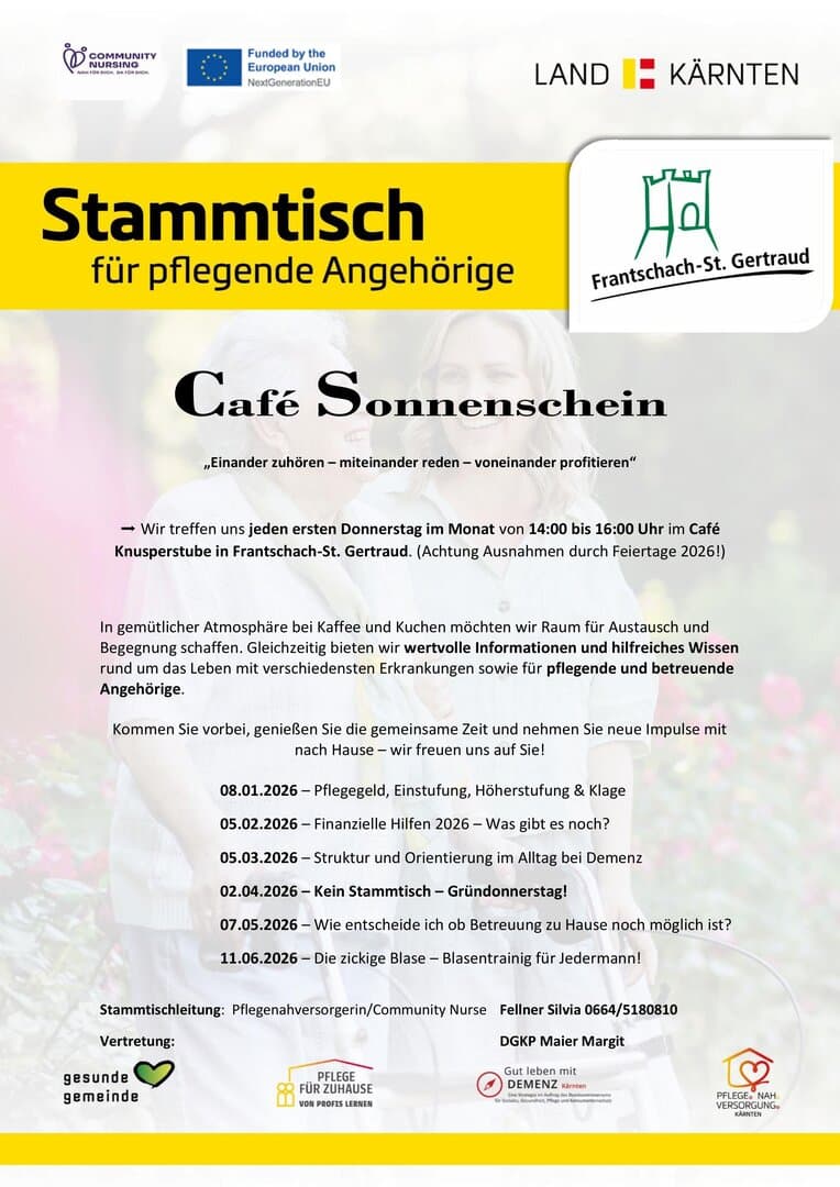 11 Juni "Café Sonnenschein" - Stammtisch für pflegende… jeden 1. Donnerstag im Monat