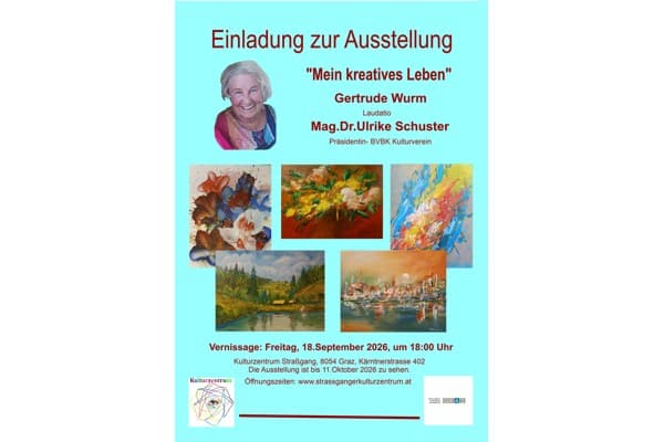 Vernissage
Mein kreatives Leben
18:00 Uhr - Straßganger Kulturzentrum