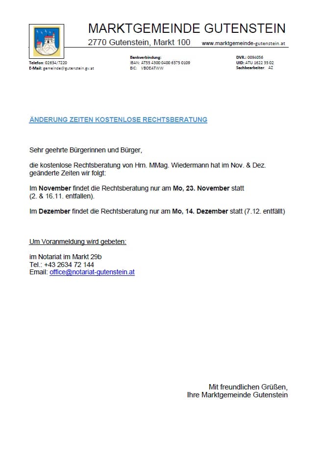 Geänderte Zeiten Kostenlose Rechtsberatung in Gutenstein im November und Dezember 2026