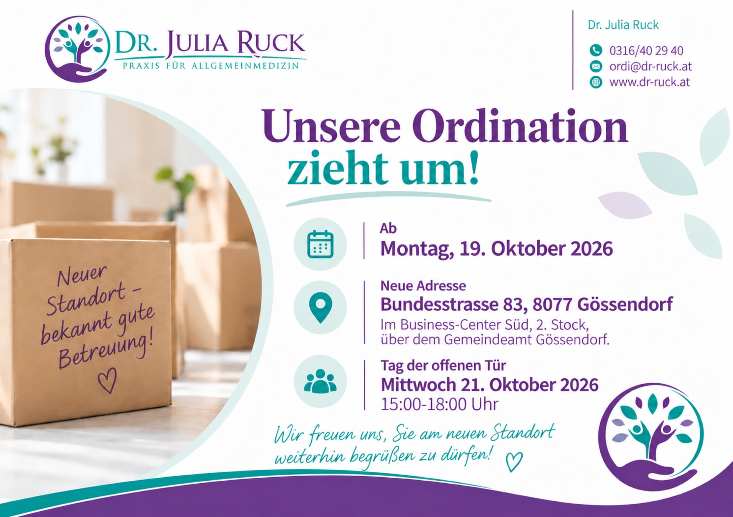 Ordination von Frau Dr. Ruck zieht um und Tag der offnen Tür