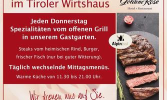 Spezialitäten vom offenen Grill in unserem Gastgarten - Hotel Goldene Rose