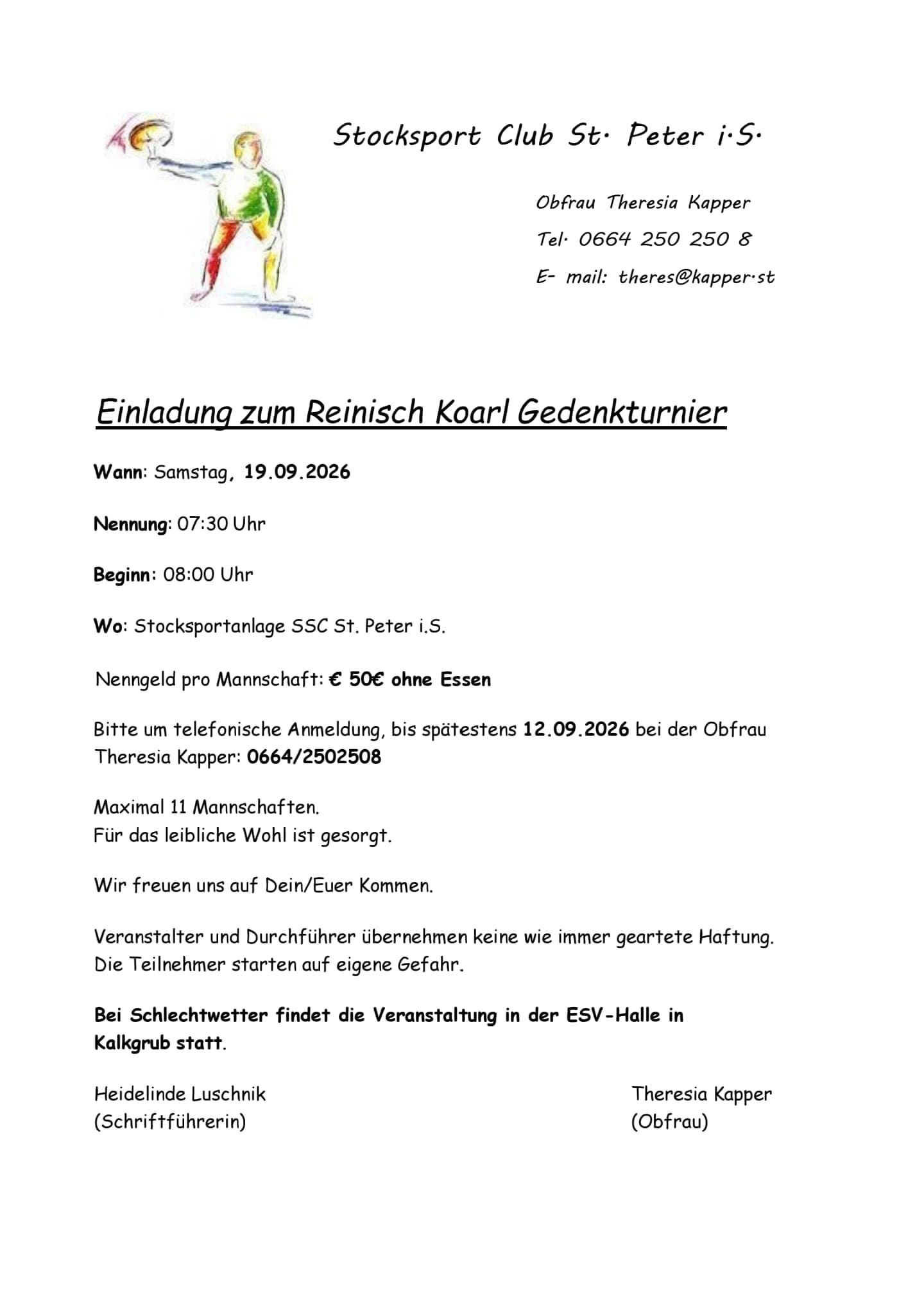 Einladung zum Reinisch Koarl Gedenkturnier am