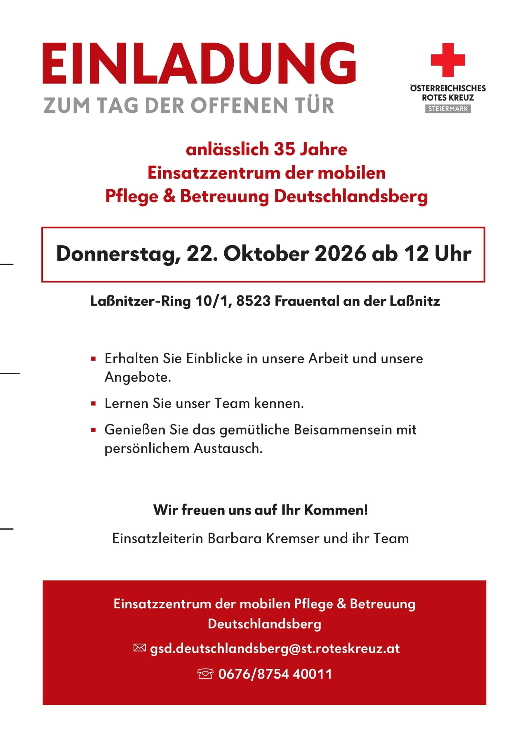 Tag der offenen Tür am 22.10.2026 Einsatzzentrum der mobilen Pflege & Betreuung Deutschlandsberg