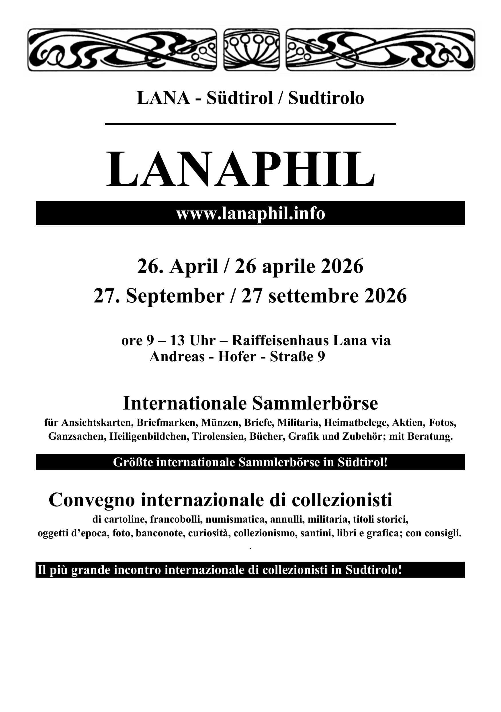 Lanaphil, internationale Sammlerbörse in 39011 Lana