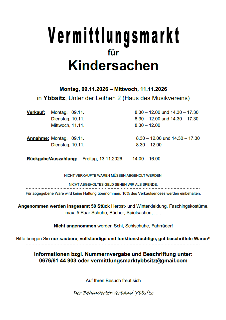 Vermittlungsmarkt für Kindersachen in 3341 Ybbsitz