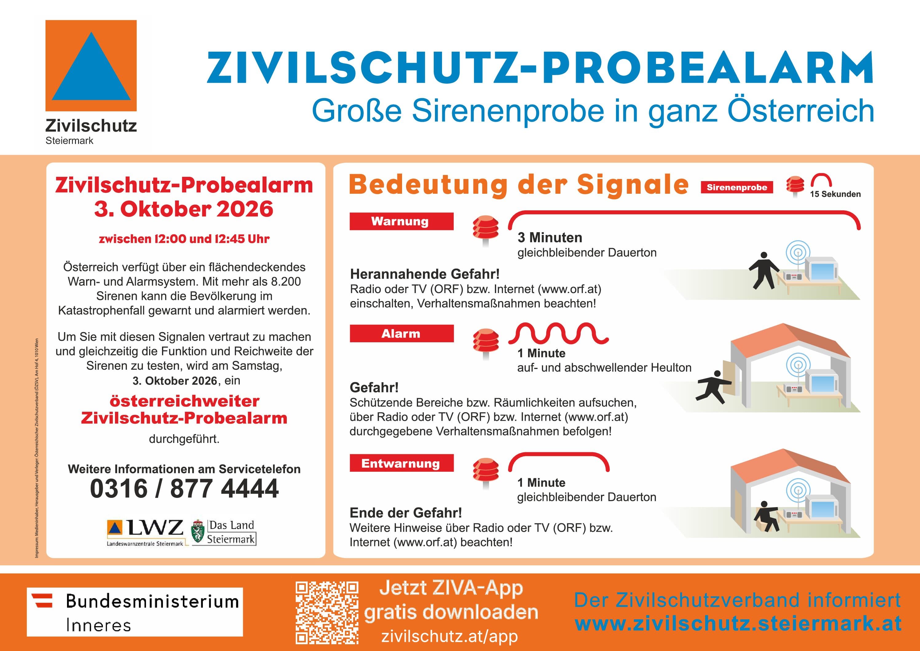 Zivilschutz Probealarm am 03.10.2026 zwischen 12:00 und 12:45