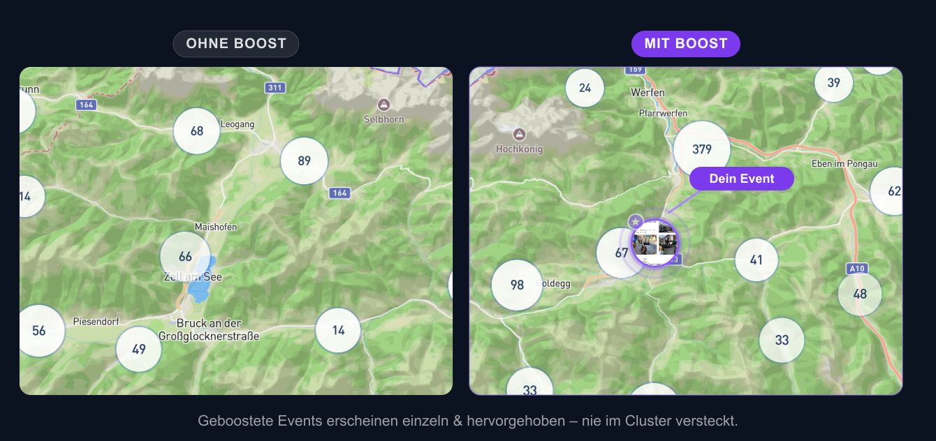 Geboostetes Event mit violettem Marker bleibt einzeln sichtbar, während alle anderen Events geclustert sind